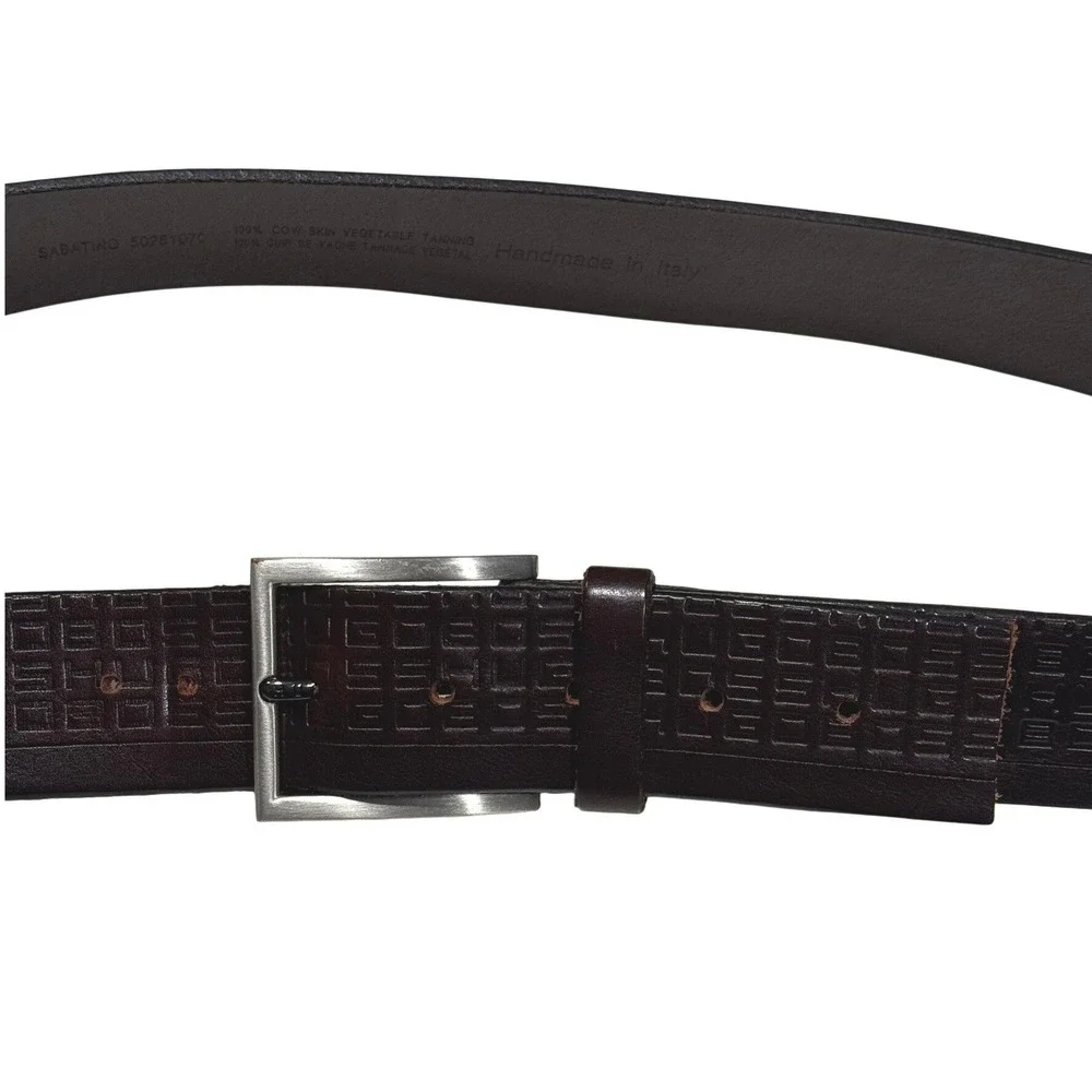 VTG 90s Hugo Boss Embossed Leather Belt Brown Logo Print Silver Buckle Sz 105-40